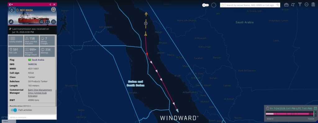 NCC MASA’s vessel path, June 24, 2026. Source: Windward Maritime AI™ Platform.