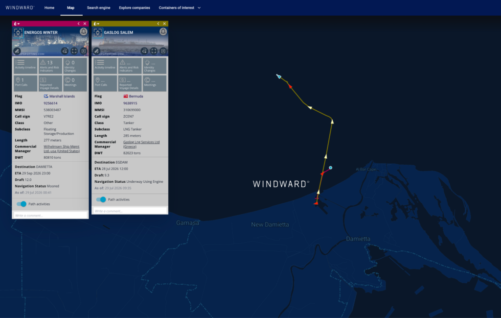 ENERGOS WINTER and GASLOG SALEM departing the Port of Damietta following the July 29 drone strike, Egypt. Source: Windward Maritime AI™ Platform.
