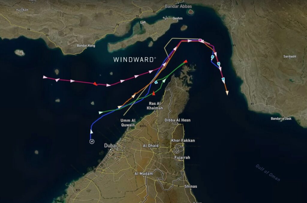 The vessels rerouting and conducting U-turns, July 8, 2026. Source: Windward Maritime AI™ Platform.