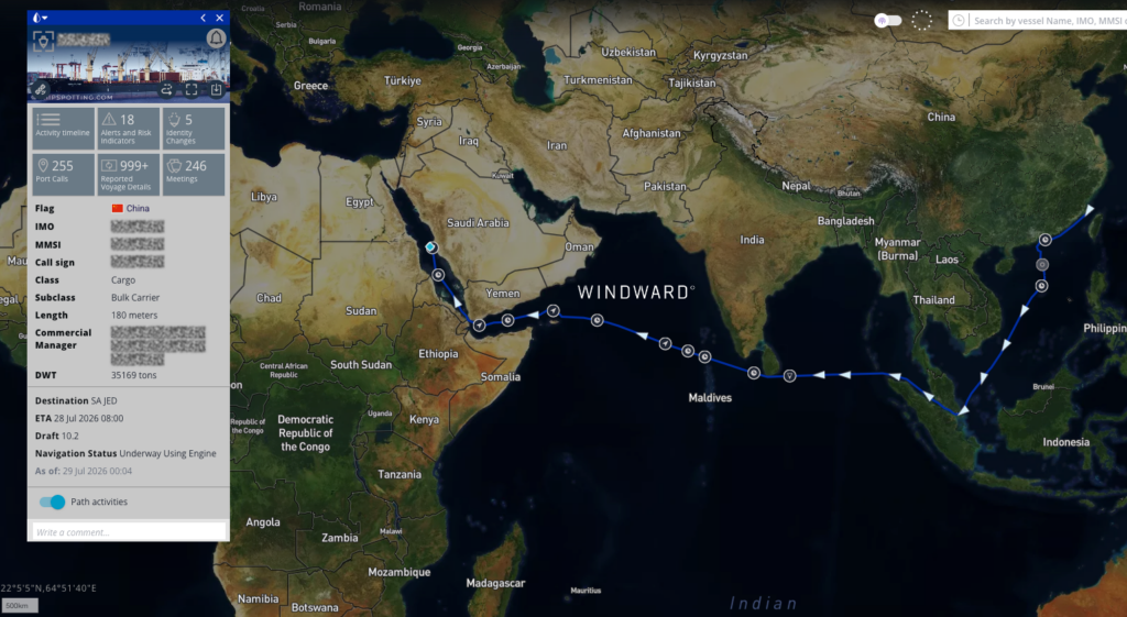 Chinese-flagged bulk carrier transiting Bab al-Mandeb to Jeddah under the Houthi blockade. Source: Windward Maritime AI™ Platform.