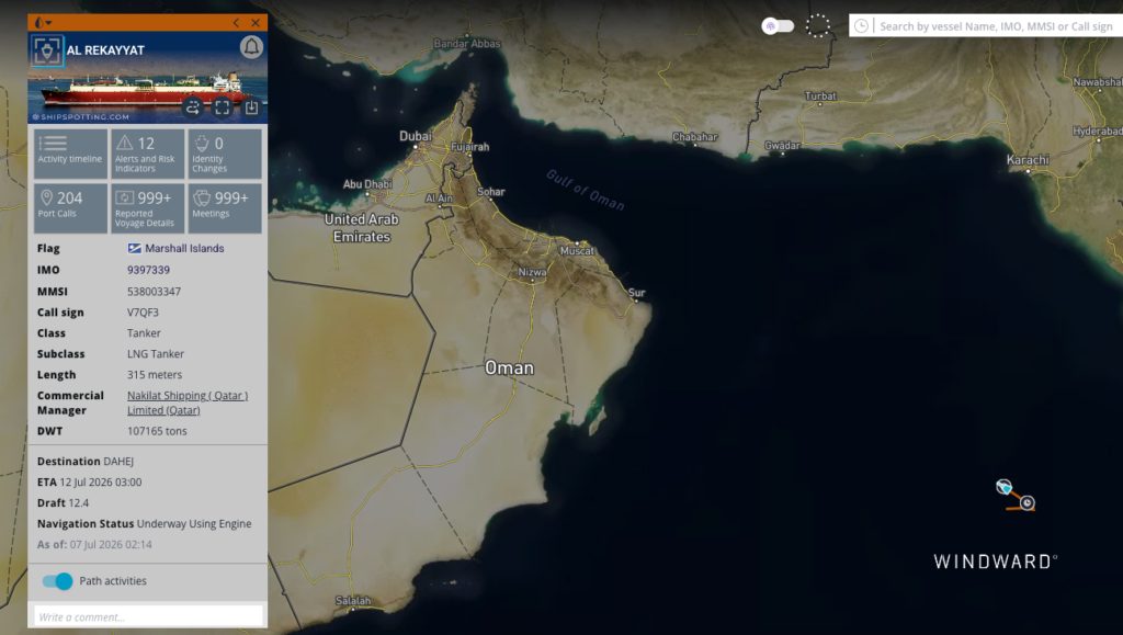 AL REKAYYAT’s vessel path. Source: Windward Maritime AI™ Platform.