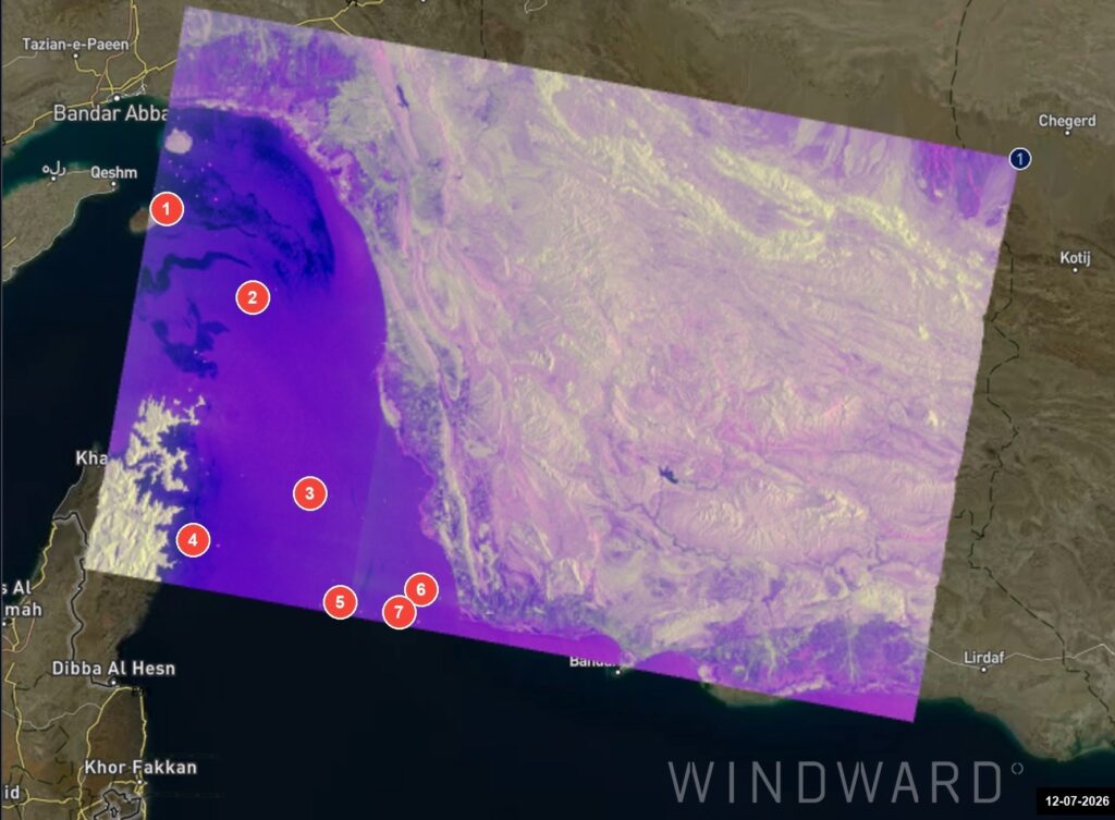 SAR & EO imagery of the locations of the eight dark vessels, July 12, 2026. Source: Windward Remote Sensing Intelligence.
