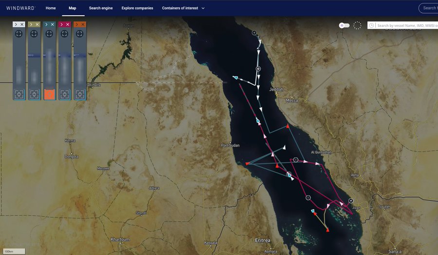 Windward vessel tracking map showing Saudi crude tankers reversing course in the Red Sea after the Houthi blockade declaration