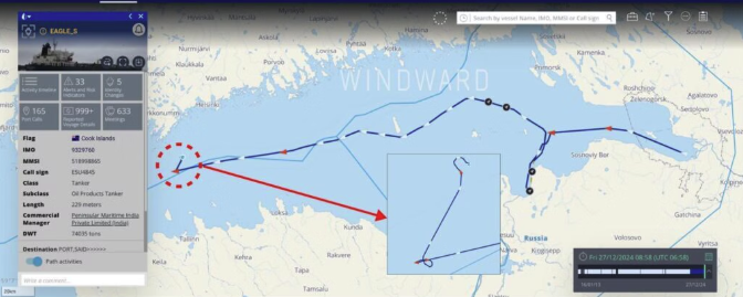 The EAGLE S’s sailing pattern, zooming in on the slow-speed sailing that took place above the Estlink 2 power cable in the Gulf of Finland. Source: Windward Maritime AI™ Platform.