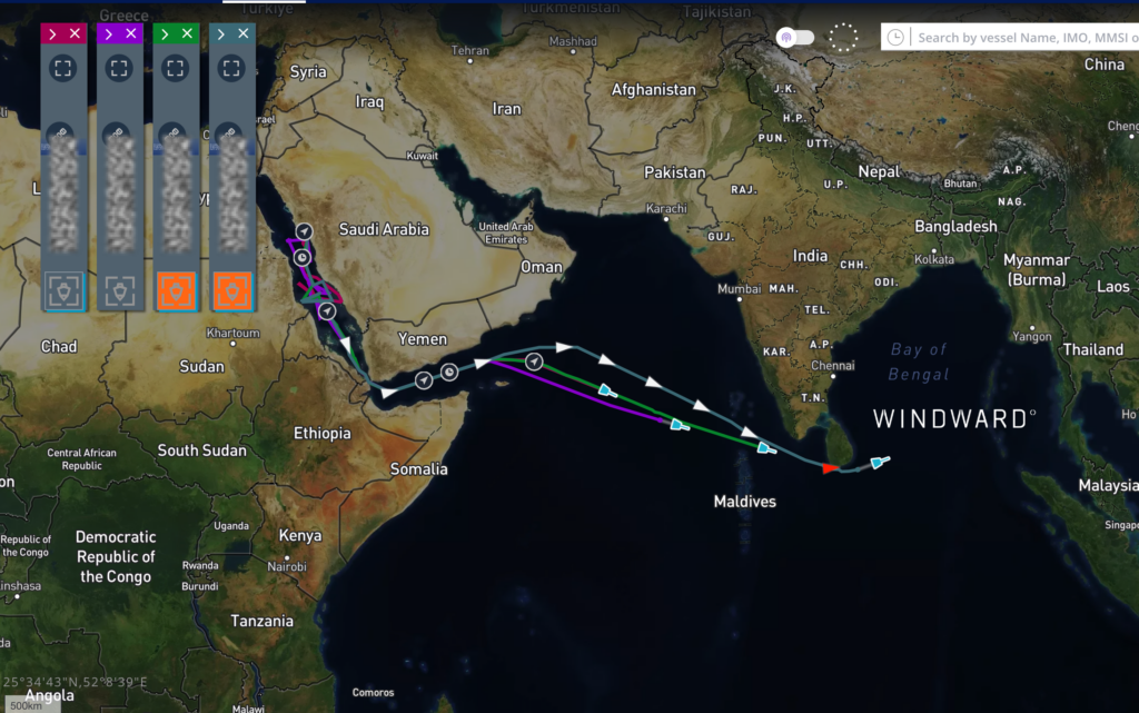The four Chinese VLCCs carrying a combined 1.23 million DWT from King Fahd, passing through Bab el-Mandeb to China. Source: Windward Maritime AI™ Platform.