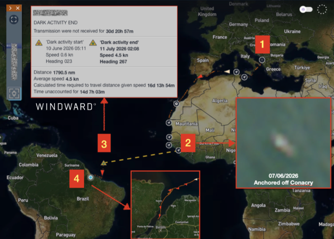 The vessel's full voyage, from Durres (1) through West African staging at Conakry (2), across a thirty-day Atlantic blackout (3), and into the Amazon estuary system northwest of Belém (4). Source: Windward Maritime AI™ Platform.