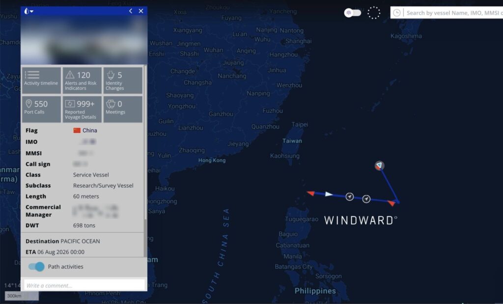 A Chinese government-owned research and survey vessel operating at slow speed over the Pacific Light Cable Network. Source: Windward Maritime AI™ Platform.