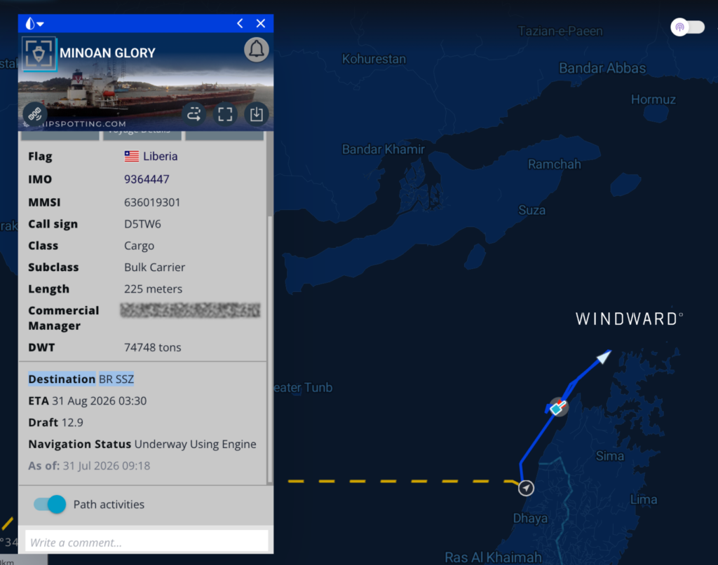 MINOAN GLORY’s vessel path, showing a U-turn as it approaches the Strait of Hormuz, July 31, 2026, 09:21 UTC. Source: Windward Maritime AI™ Platform.