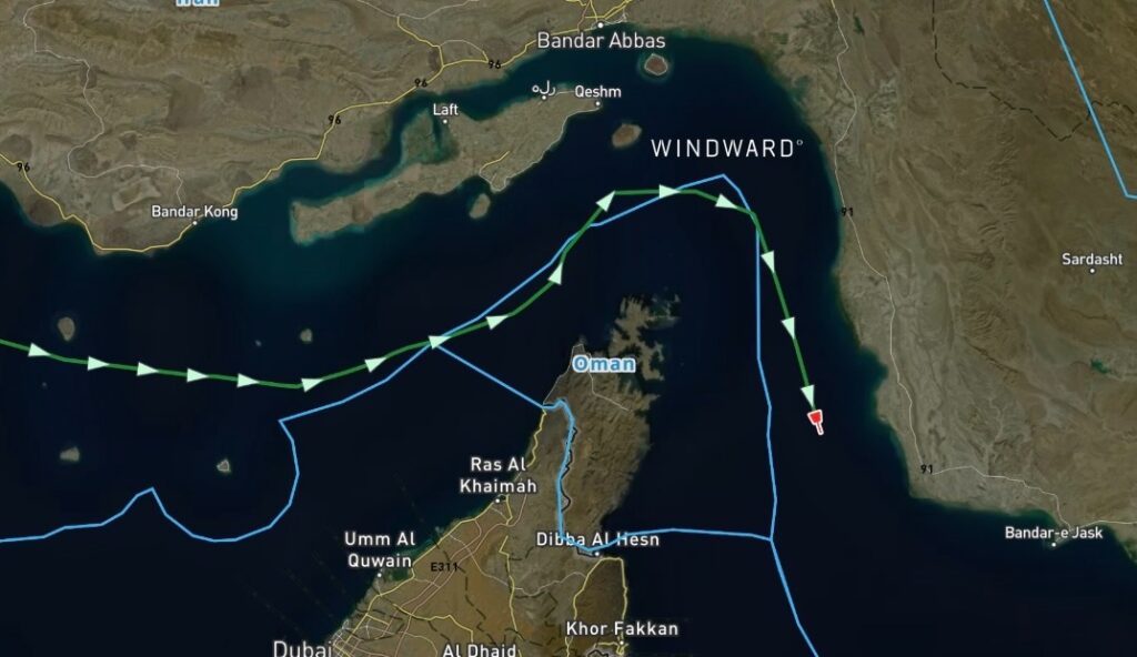 The VLCC+’s outbound transit of the Strait of Hormuz with AIS transmission throughout after loading crude at Al Basrah Oil Terminal, Iraq. Source: Windward Maritime AI™ Platform.