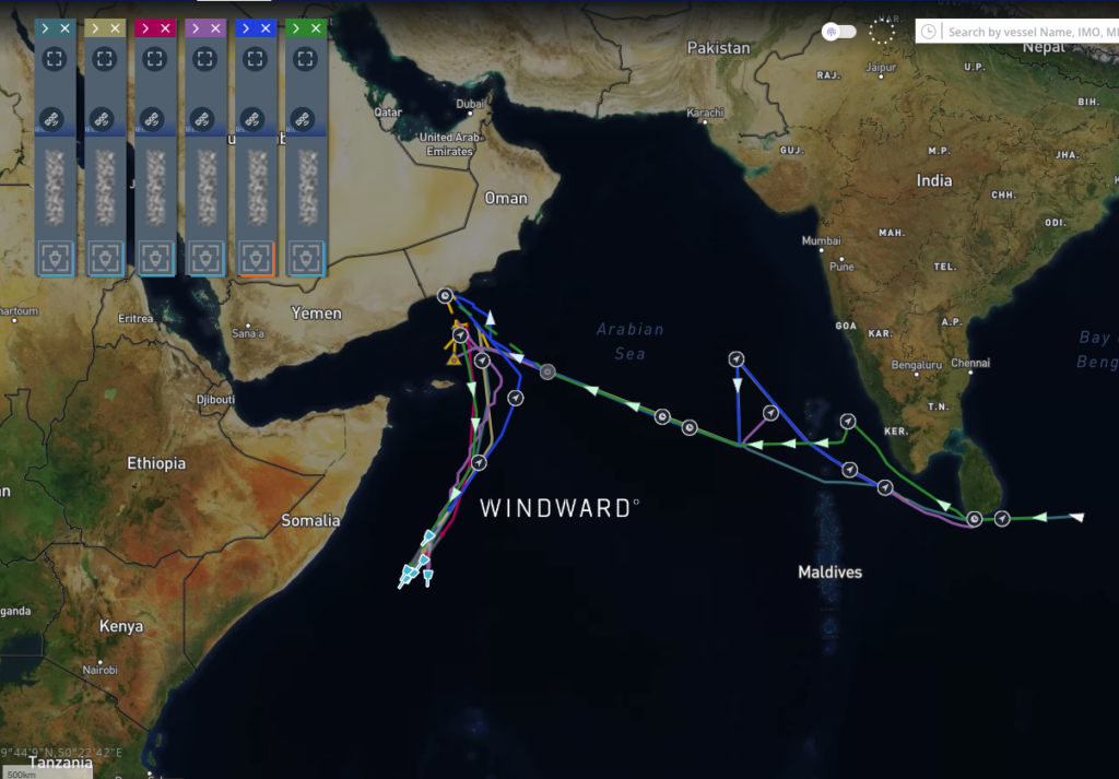 Six Saudi-flagged tankers diverting via the Cape of Good Hope to avoid the Houthi blockade, August 2, 2026. Source: Windward Maritime AI™ Platform.