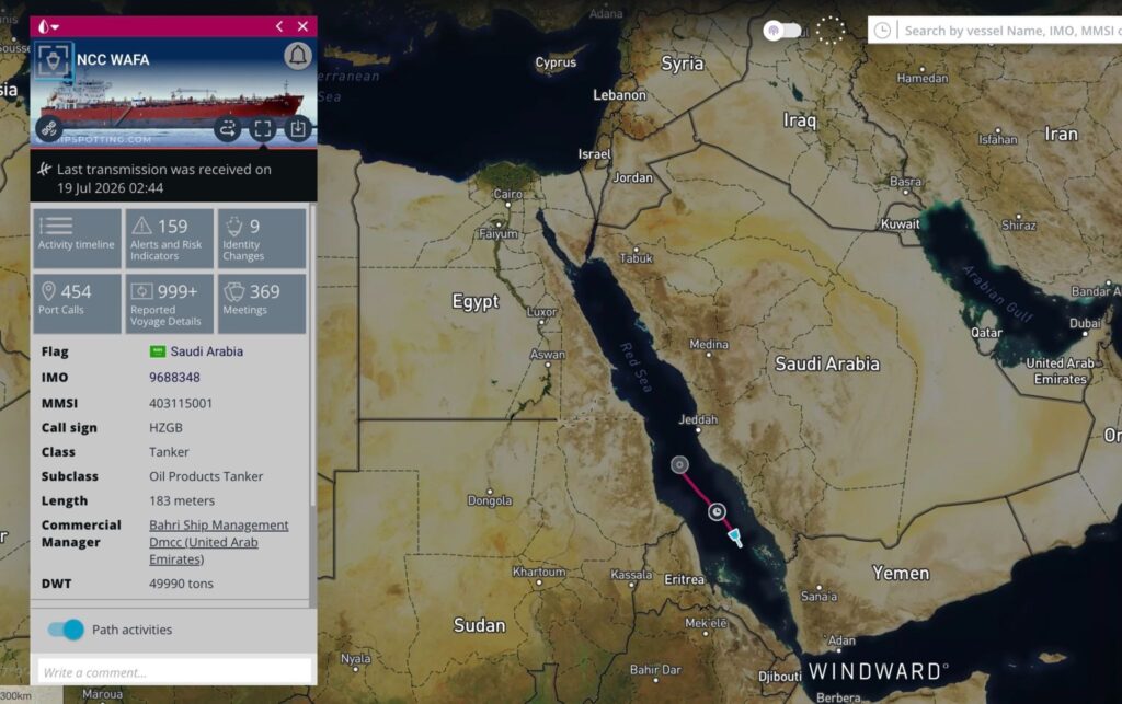 NCC WAFA, dark since July 19, last transmitted position in the northern Red Sea off Yanbu, struck by Houthis on August 5 while on a routine intra-Saudi coastal run. Source: Windward Maritime AI™ Platform.