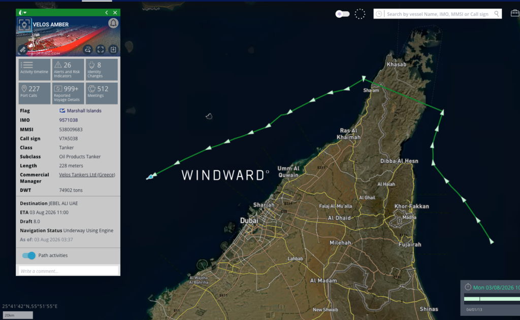 VELOS AMBER’s vessel path, August 3, 2026. Source: Windward Maritime AI™ Platform.