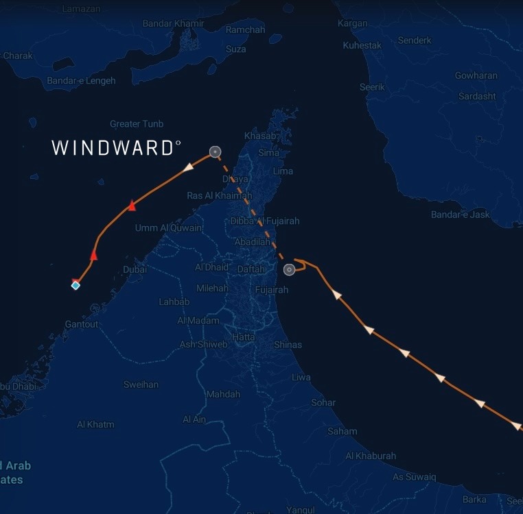 A vessel approaches the Strait of Hormuz, disables AIS ahead of transit, and resumes broadcasting after clearing the Strait. The dark window between broadcasts is where charter disputes now increasingly turn. Source: Windward Maritime AI™ Platform.