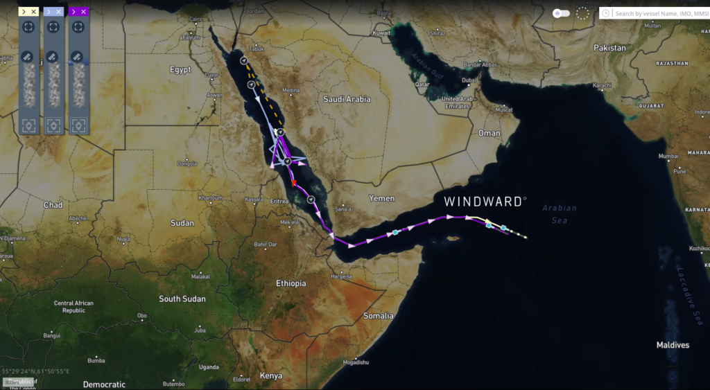 Three Chinese-linked vessels transiting Bab el-Mandeb southbound on August 7 after calling at Jeddah, Saudi Arabia, during the active Houthi blockade on Saudi-linked shipping. Source: Windward Maritime AI™ Platform.