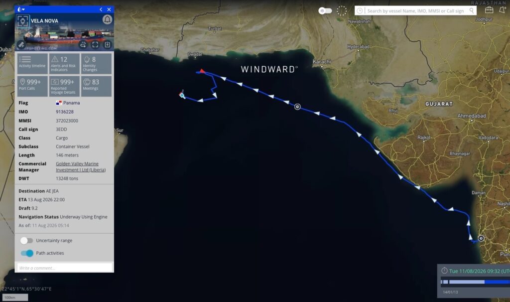 VELA NOVA vessel path showing approach to the blockade line approximately 71 nautical miles off Pakistan's coast in the Gulf of Oman before being disabled by U.S. forces after allegedly ignoring warnings, August 11, 2026. Source: Windward Maritime AI™ Platform.