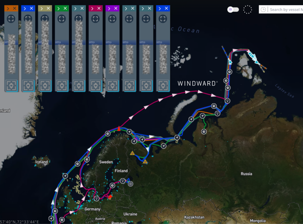Eight sanctioned Russian shadow fleet tankers coordinating passage through the Northern Sea Route toward the Laptev Sea, August 2026. Source: Windward Maritime AI™ Platform.