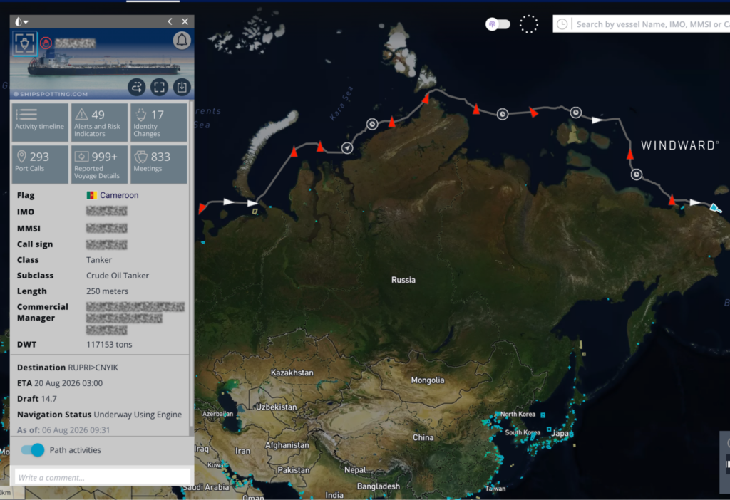 A Cameroon-flagged Aframax crude tanker transiting the Northern Sea Route, now approaching the Bering Sea after loading at a Russian Baltic port, August 2026. Source: Windward Maritime AI™ Platform.