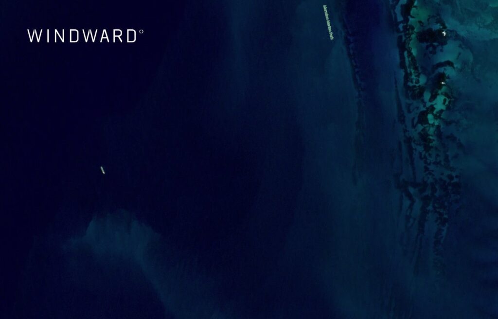 EO imagery captured the vessel roughly 11 kilometers west of Perth, off Marmion Marine Park, on August 3, 2026, at 02:12 UTC. Source: Windward Remote Sensing Intelligence.