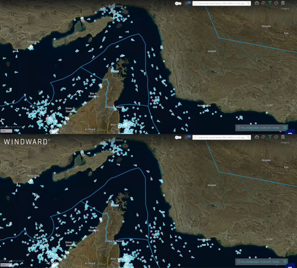 The center corridor before (top) and five hours after (bottom) the attack, showing that the center corridor has cleared out, June 25, 2026. Source: Windward Maritime AI™ Platform.