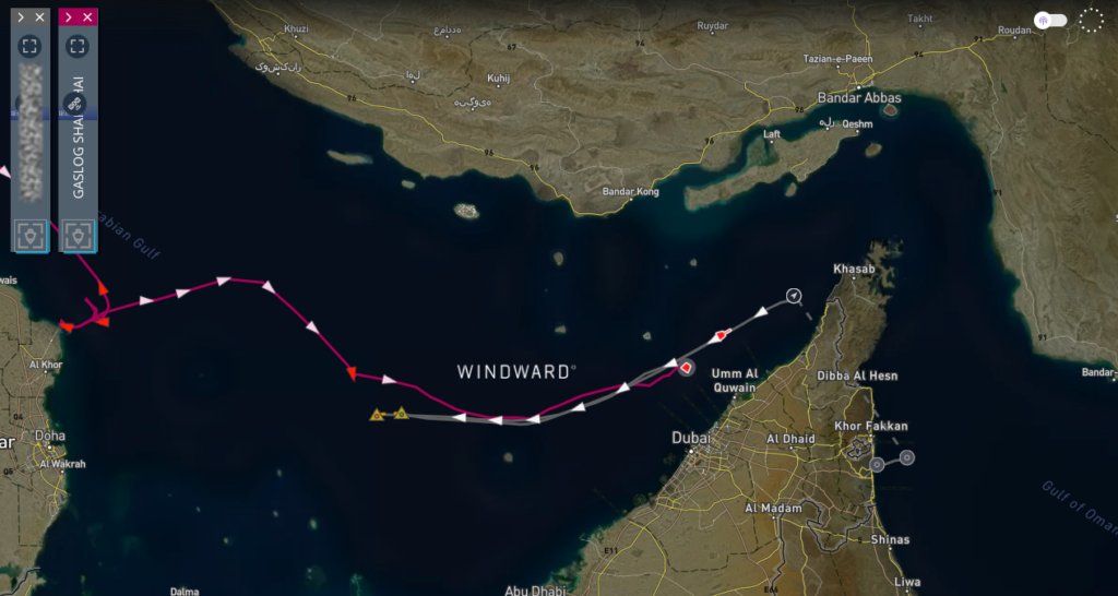 GASLOG SHANGHAI and a Liberia-flagged dark fleet VLCC approaching the southern corridor before the reported IRGC strikes, July 30 to 31, 2026. Source: Windward Maritime AI™ Platform.
