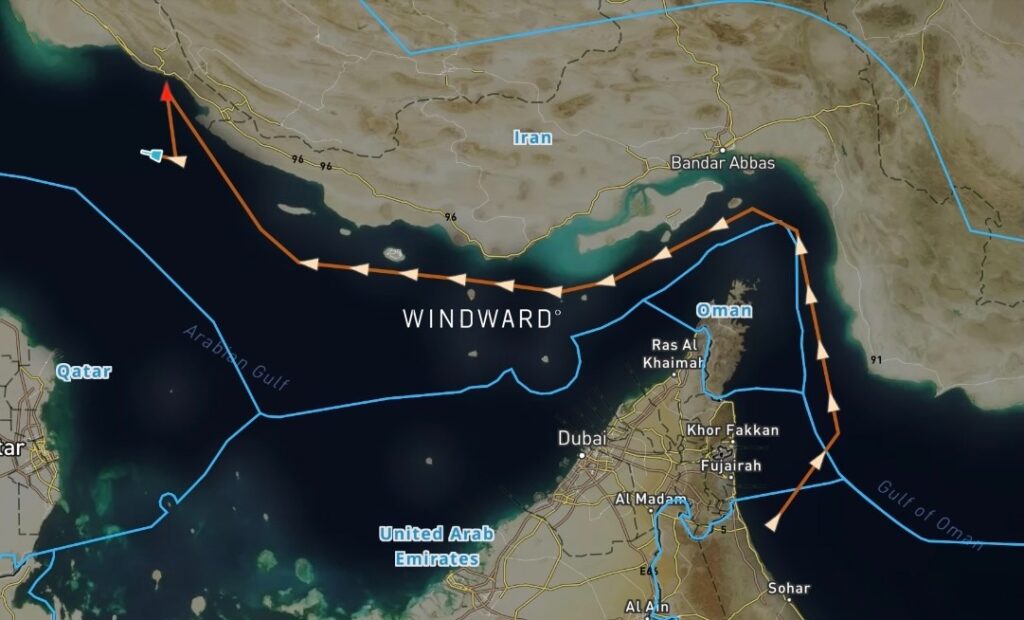 The U.S.-sanctioned Nicaragua-flagged LPG carrier’s inbound transit from the Gulf of Oman, through the Strait of Hormuz into the Arabian Gulf, terminating near an Iranian coastal location (red arrow). Source: Windward Maritime AI™ Platform.