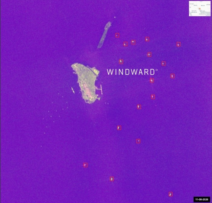 SAR imagery of Kharg Island, showing all three terminals empty, August 11, 2026. Source: Windward Remote Sensing Intelligence.