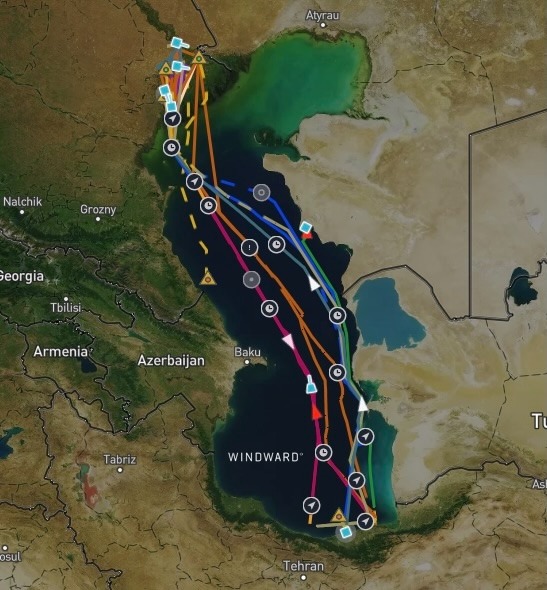 Russia-Iran Caspian Sea vessel traffic showing the structural surge in bilateral maritime trade following the February 28, 2026 blockade escalation, with multiple vessels transiting between Russian and Iranian EEZ waters. Source: Windward Maritime AI™ Platform.