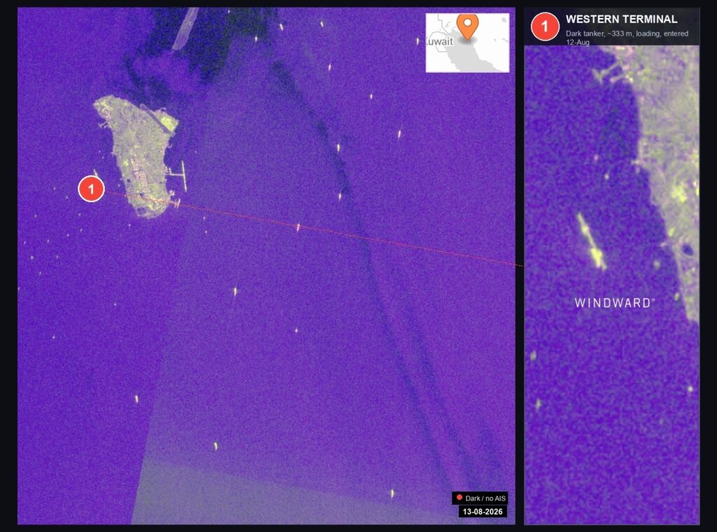 SAR imagery of Kharg Islands oil terminal occupancy and dark tanker activity, August 13, 2026. Source: Windward Remote Sensing Intelligence.