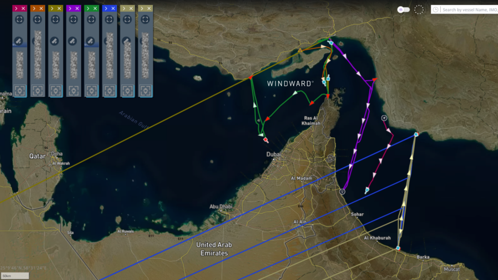 Vessel paths illustrating the Iran-Oman land corridor network across the Strait of Hormuz and Gulf of Oman, showing the legal Jask to Al Suwaiq lane alongside the newer, more opaque Khasab and Musandam channel, August 2026. Source: Windward Maritime AI™ Platform.