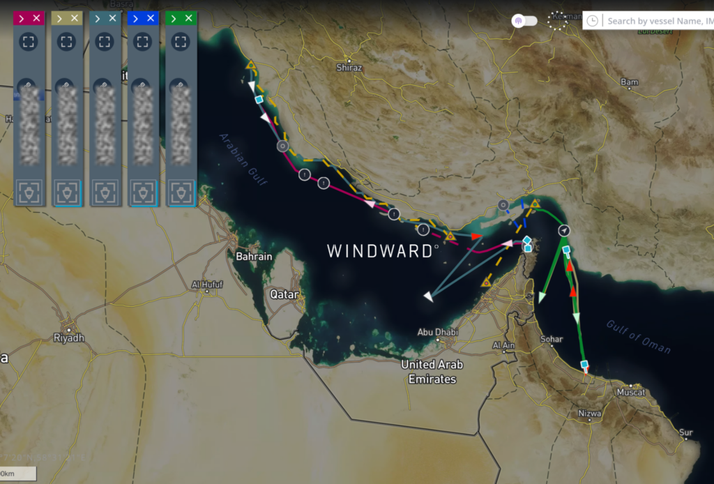The Iran-Oman land corridor's broader vessel network spanning the Arabian Gulf and Gulf of Oman, with active vessel count growing from 3 in February to 8 in August 2026 as Hormuz transit volumes collapsed. Source: Windward Maritime AI™ Platform.