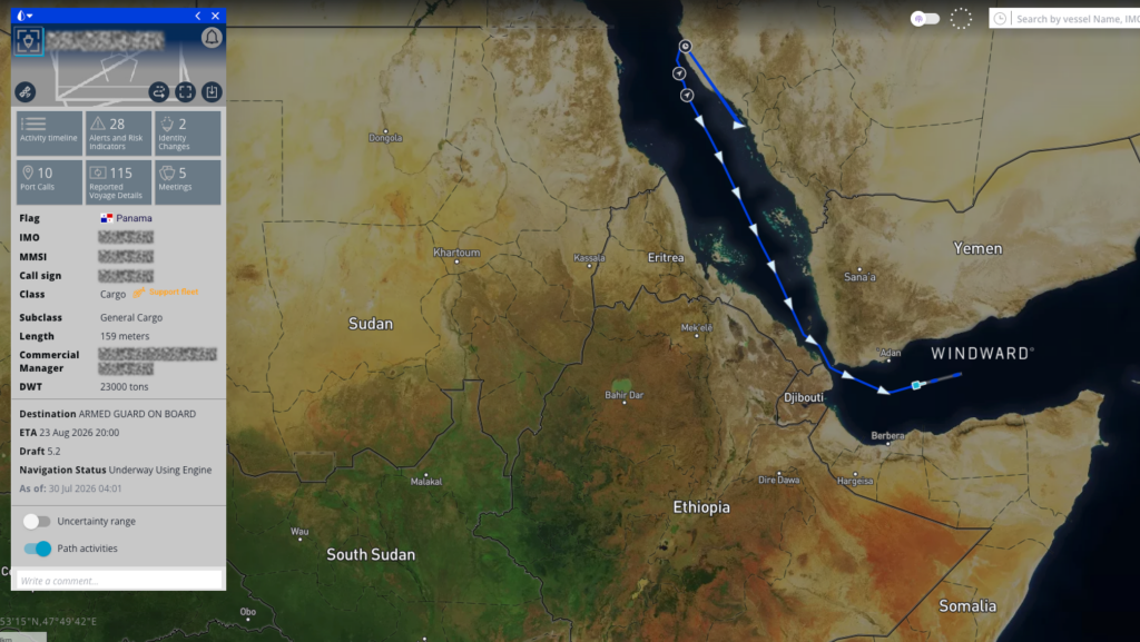 The Chinese-owned Panama-flagged general cargo vessel transiting Bab el-Mandeb, July 30, 2026. Source: Windward Maritime AI™ Platform.
