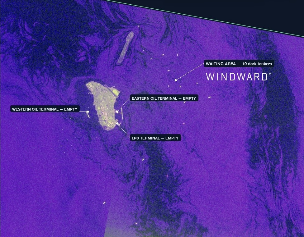 SAR imagery of the terminal and waiting area at Kharg Island, August 1, 2026, 02:38 UTC. Source: Windward Remote Sensing Intelligence.