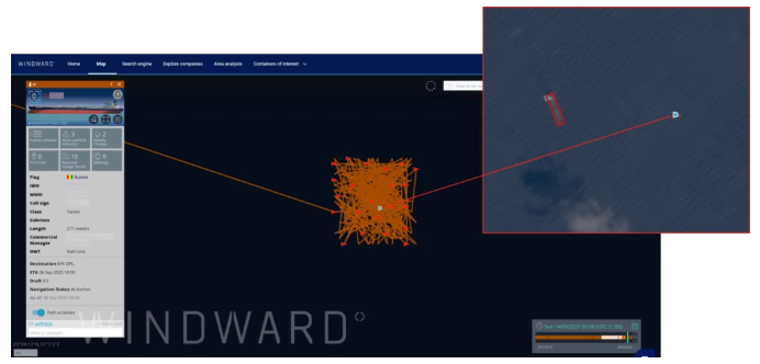 A tanker in Iran's EEZ transmitting a false location between September 5 and 16, 2025. EO imagery from September 14 shows empty waters. Source: Windward Remote Sensing Intelligence.