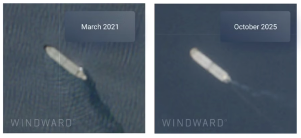 A tanker scrapped in Pakistan in 2021 (left), reappearing four years later under a new identity and flag (right), conducting repeated voyages to Iran. EO imagery confirms the physical match. Source: Windward Remote Sensing Intelligence.