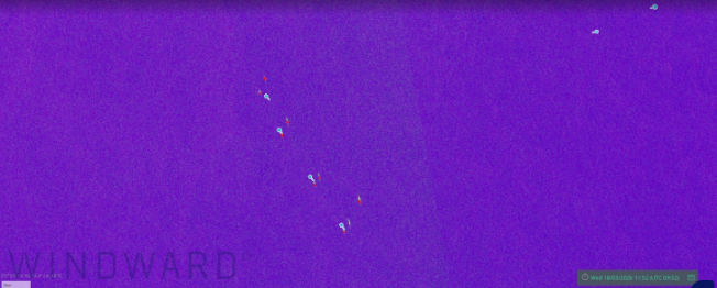 A flotilla of Chinese military vessels captured on SAR imagery, March 18, 2026. AIS showed four vessels transmitting. The image reveals five additional vessels sailing in proximity. Source: Windward Remote Sensing Intelligence.