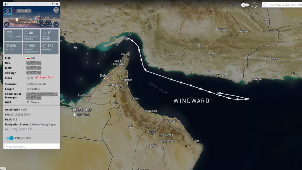The Iran-flagged OFAC-sanctioned container vessel reversing course directly at the edge of the active U.S. naval blockade enforcement zone, July 30, 2026. Source: Windward Maritime AI™ Platform.