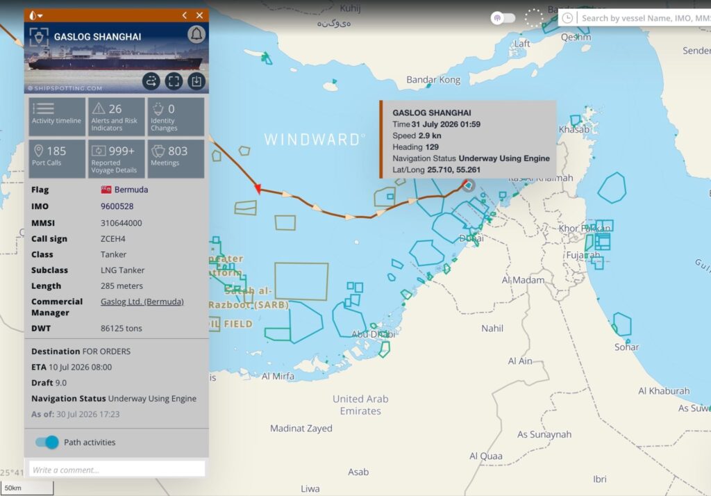 The vessel path and position of GASLOG SHANGHAI at the time of its attack. Source: Windward Maritime AI™ Platform.