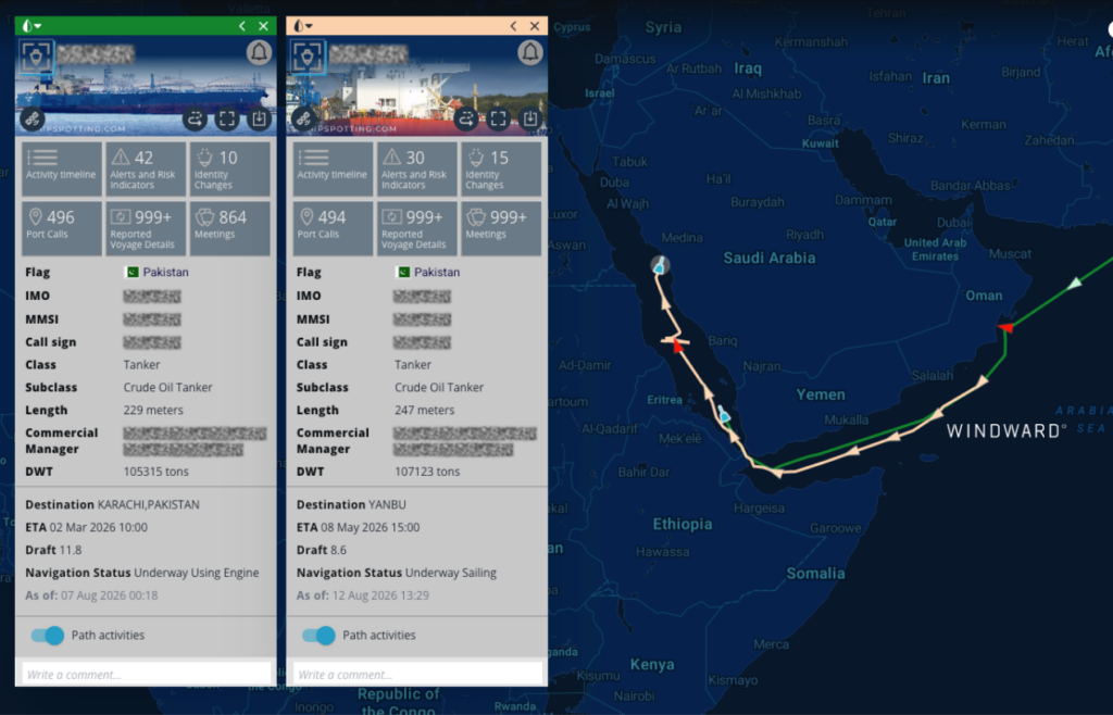 Two Pakistan-flagged crude oil tankers transiting Bab el-Mandeb inbound toward Yanbu during the active Houthi blockade, August 2026. Source: Windward Maritime AI™ Platform.