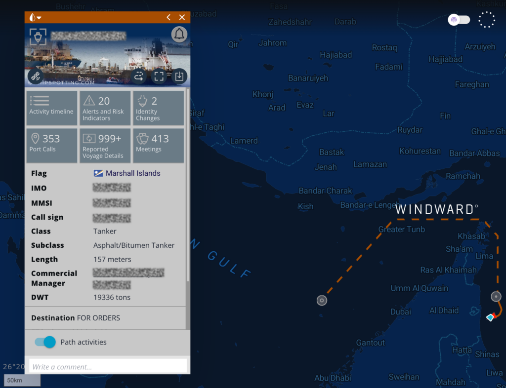 Marshall Islands-flagged tanker transiting the southern corridor dark on the night of August 15 to 16, 2026. Source: Windward Maritime AI™ Platform.