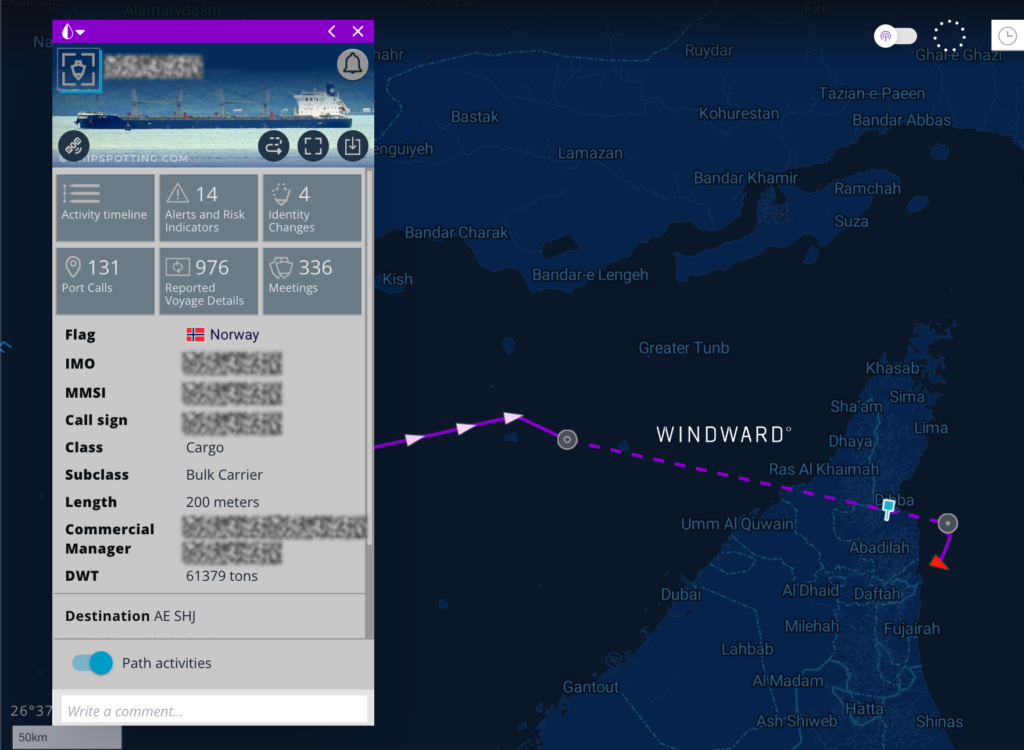 Norway-flagged bulk carrier transiting the southern corridor dark on the night of August 14 to 15, 2026. Source: Windward Maritime AI™ Platform.