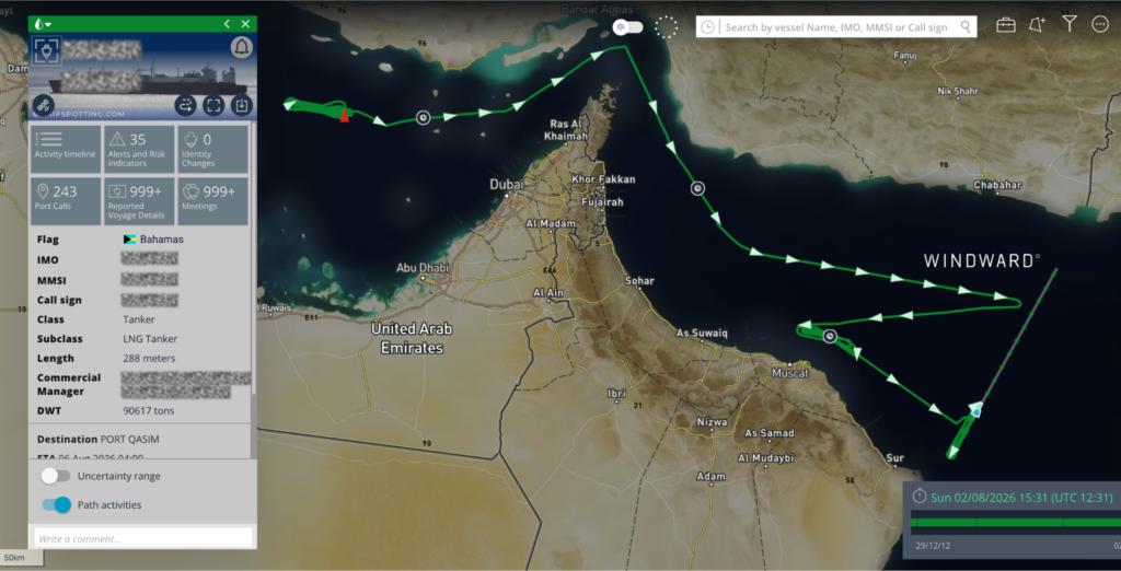 The Bahamas-flagged LNG tanker’s vessel path. Source: Windward Maritime AI™ Platform.