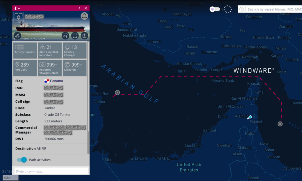 Panama-flagged VLCC transiting the southern corridor dark, August 14 to 15, 2026. Source: Windward Maritime AI™ Platform.