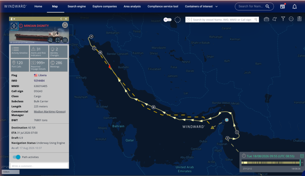 MINOAN DIGNITY’s vessel path. Source: Windward Maritime AI™ Platform.