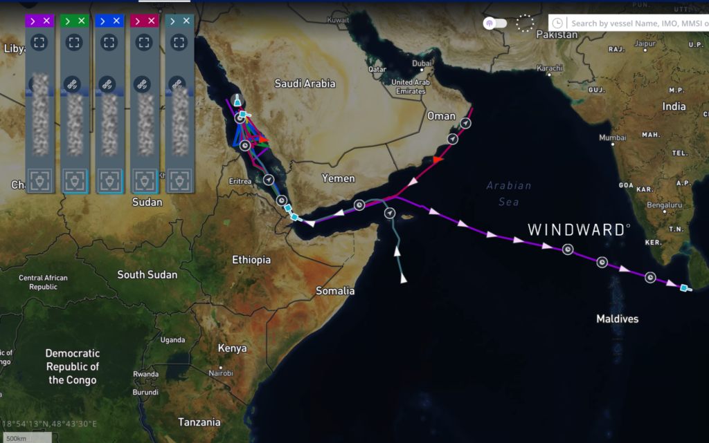 The five China-flagged vessels' paths that ran direct China-Saudi trade through this window. Source: Windward Maritime AI™ Platform.