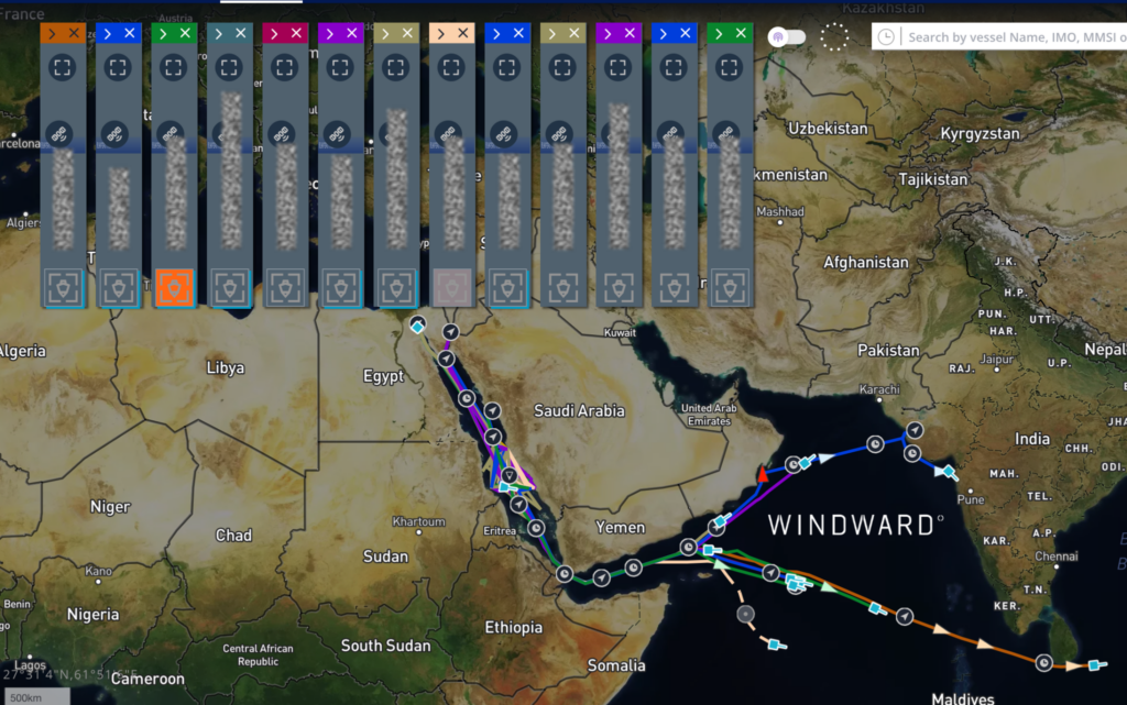 The thirteen Chinese-owned vessels that called at Jeddah or Yanbu and cleared Bab el-Mandeb unharmed. Source: Windward Maritime AI™ Platform.