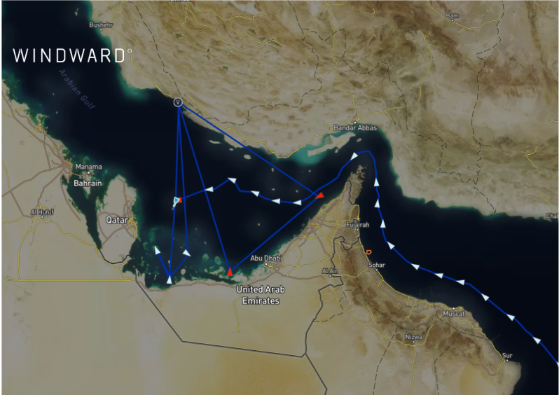 A VLCC waiting to load off Qatar reported six different positions across the region within 24 hours, illustrating the data-integrity problem underwriters now face when pricing vessels operating in jamming-affected regions. Source: Windward Maritime AI™ Platform.