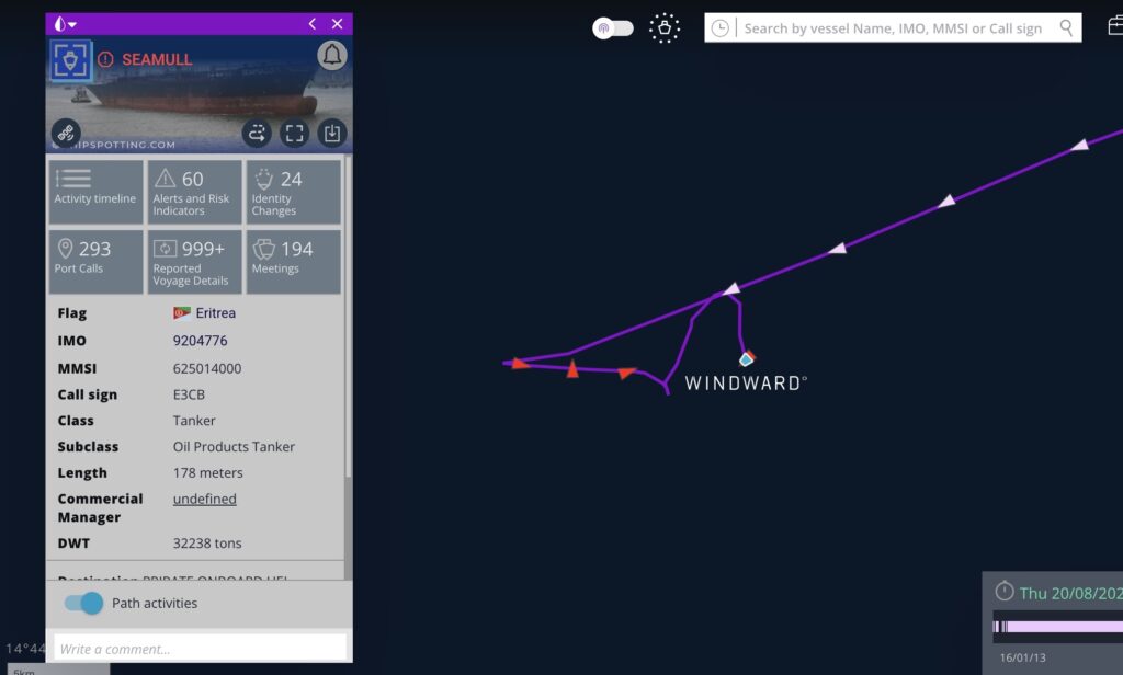SIBU 1’s (formerly SEAMULL) path and operational profile. Source: Windward Maritime AI™ Platform.