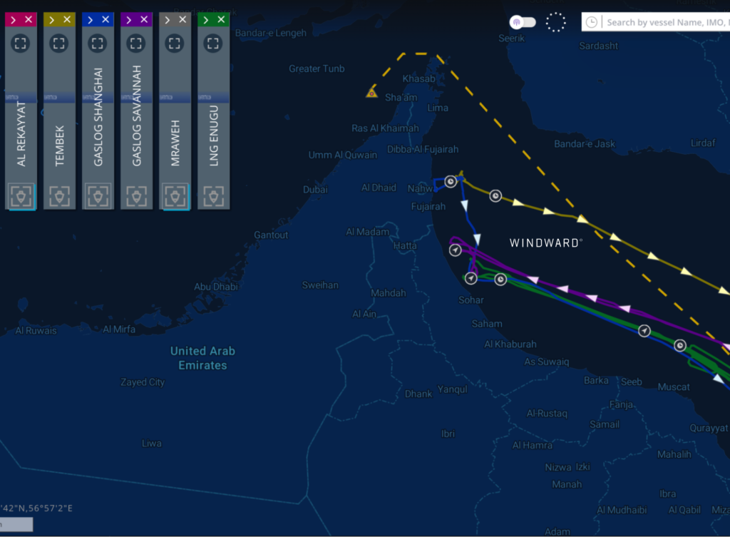 The six LNG carriers involved in the reported ship-to-ship transfers, tracked across the Gulf of Oman and the Fujairah and Sohar approaches. Source: Windward Maritime AI™ Platform.