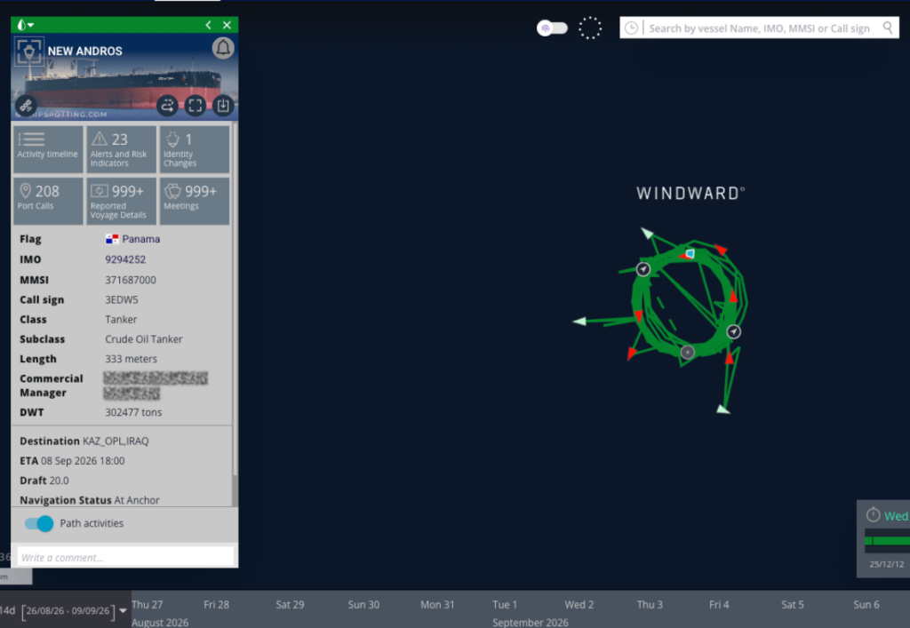 NEW ANDROS showing the circular holding pattern in Iraqi coastal waters before it was struck on September 9. Source: Windward Maritime AI™ Platform.