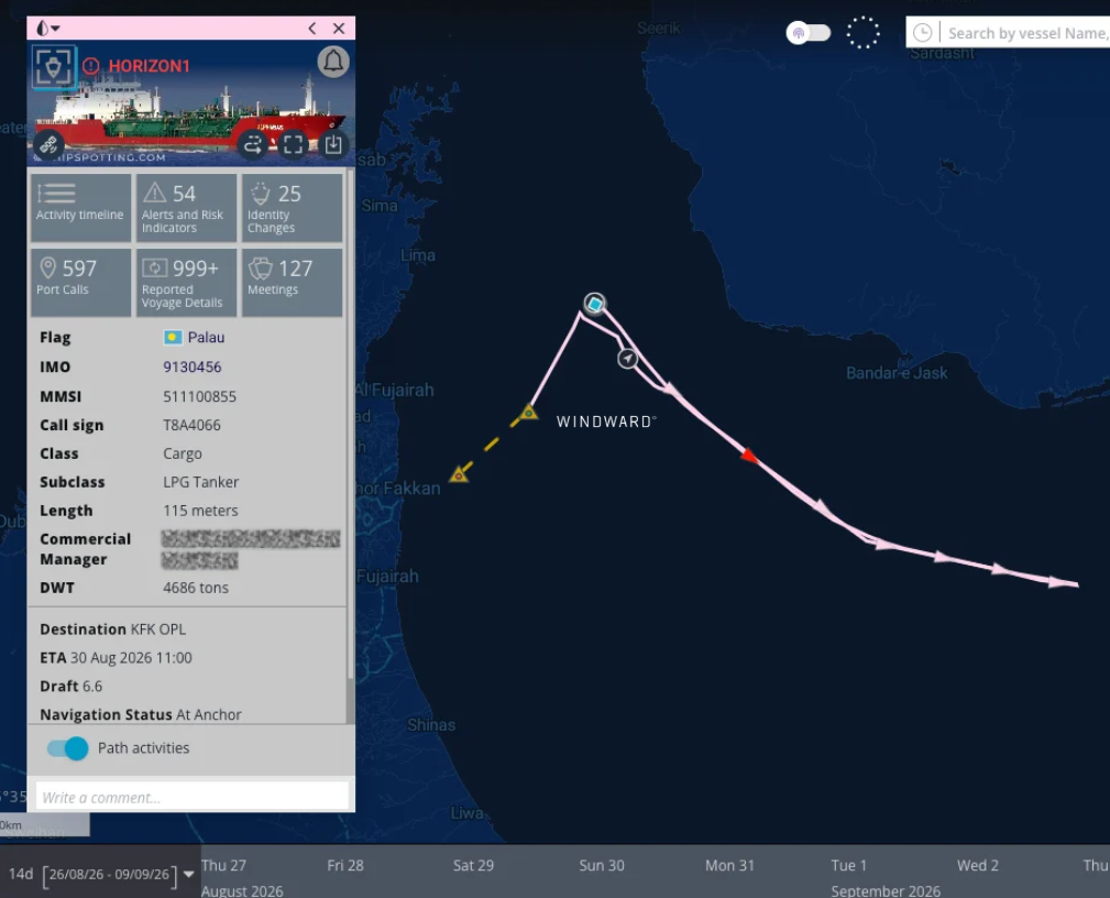 HORIZON 1 at anchor in the Strait of Hormuz East Waiting Area prior to the September 8 strike. Source: Windward Maritime AI™ Platform.